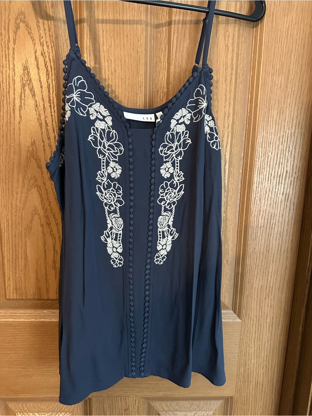 Stitch Fix- Embroidered Navy Cami with Delicate White Floral Trim